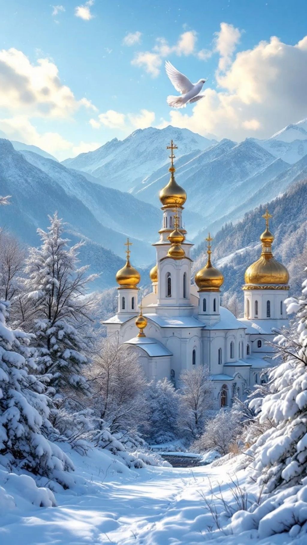 Золотые купола храма на фоне снежных вершин