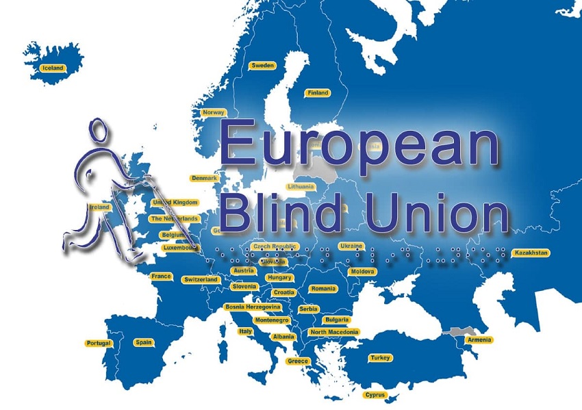 логотип есс - синяя карта европы, желтым цветом выделены названия государств, слева контур человека с тростью