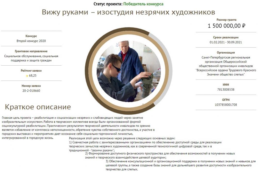 Страница социального проекта Санкт-Петербургской РО ВОС на сайте Фонда Президентских грантов