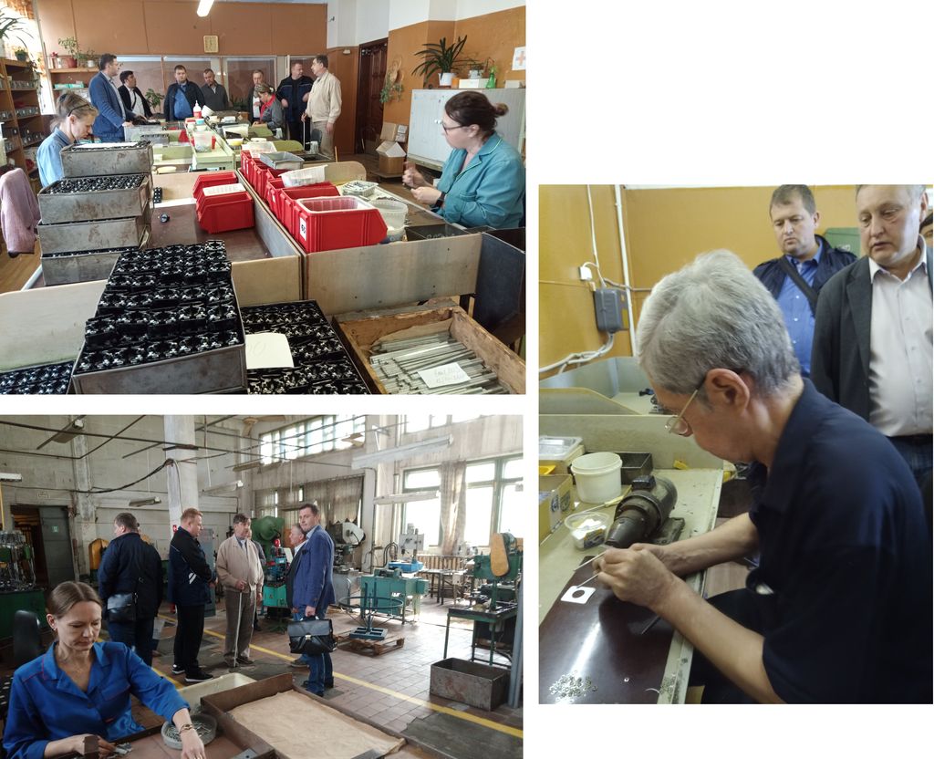 Коллаж фотографий с рабочей поездки А. Б. Колосова на предприятие ВОС "Волна"