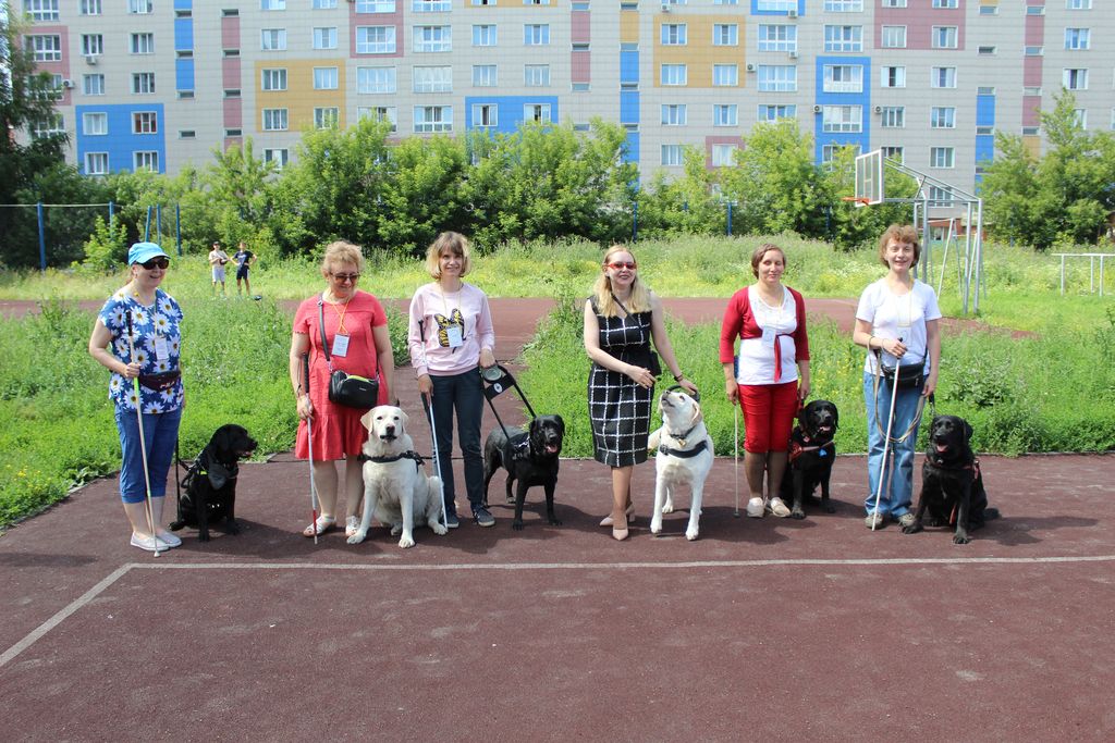 Участники конкурса и их питомцы на спортивной площадке перед выполнением показательных выступлений